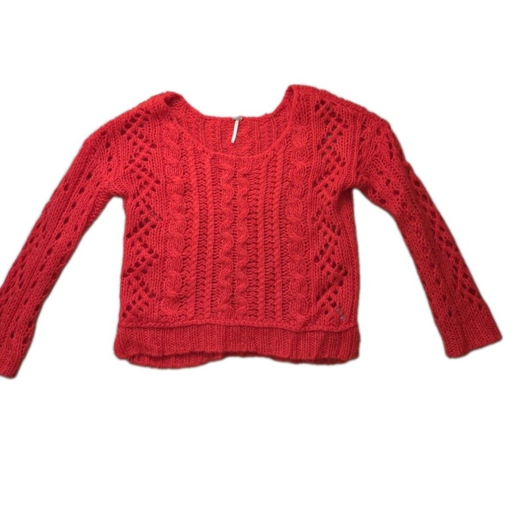 Free People Wool Blend Red Cable Knit Open Stitch Cropped Sweater Size M EUC